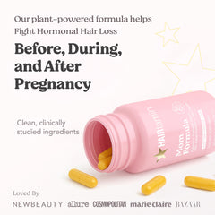 Close-up of HAIRtamin MOM bottle with vegan capsules