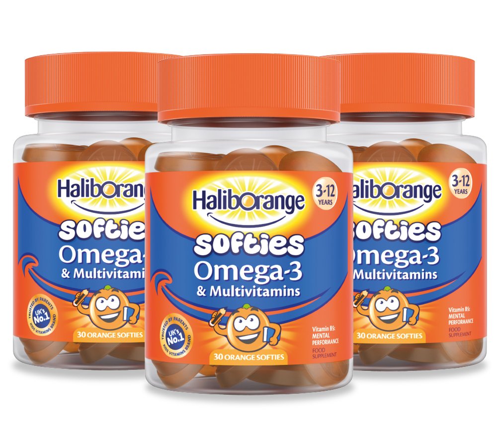 Haliborange Kids Omega-3 and Multivitamin Orange Softies bottle on white background