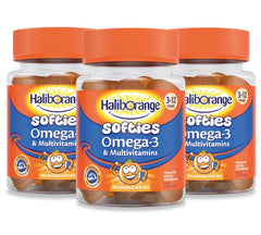 Haliborange Kids Omega-3 and Multivitamin Orange Softies bottle on white background