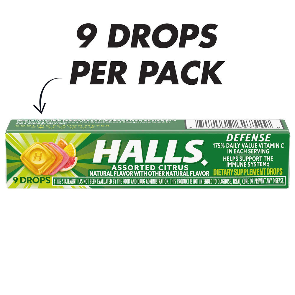 Box label for HALLS Defense Assorted Citrus Vitamin C Drops 20 sticks