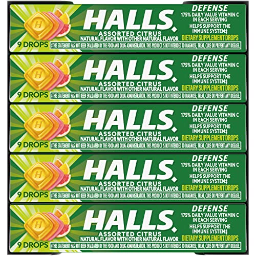 HALLS Defense Assorted Citrus vitamin C drops on a table