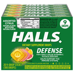 Box of HALLS Defense Assorted Citrus Vitamin C Drops with 20 sticks