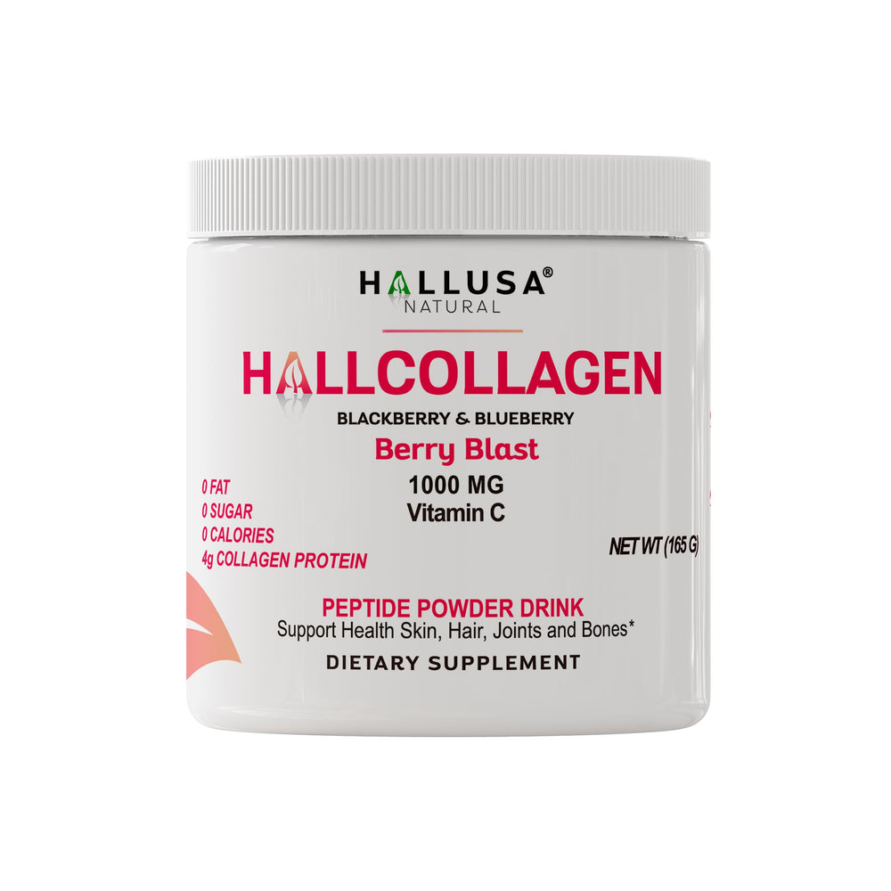 Hallusa collagen powder bottle with BlackBerry & Blueberry flavor label