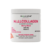 Hallusa collagen powder bottle with BlackBerry & Blueberry flavor label