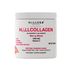 Hallusa collagen powder bottle with BlackBerry & Blueberry flavor label