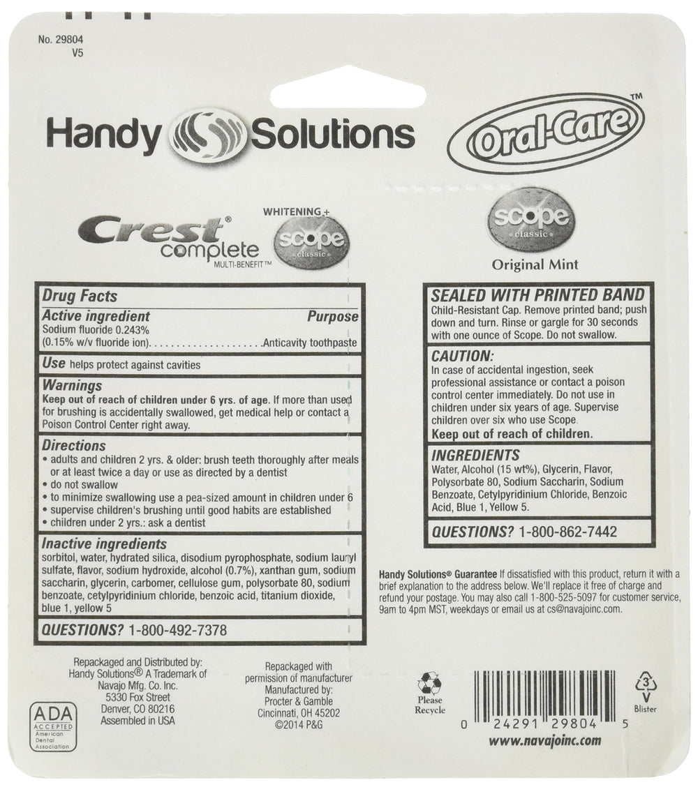 Crest toothpaste included in Handy Solutions Travel Kit