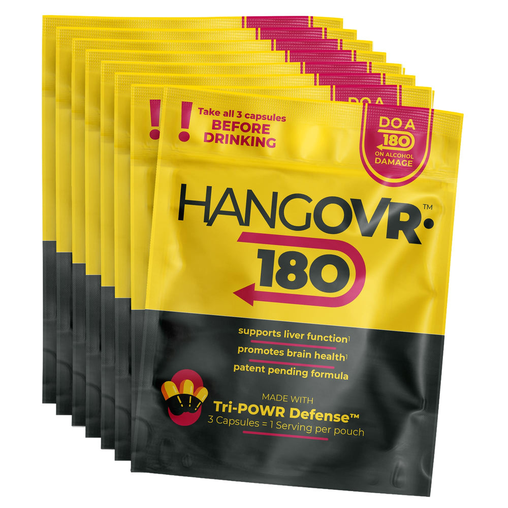 Hangovr 180 Tri-Power Before Drinking Defense 8 Pack pouch front view