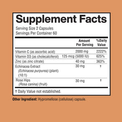 Supplement facts: Vitamin C 2000mg, Zinc 40mg, Vitamin D3 5000 IU per serving