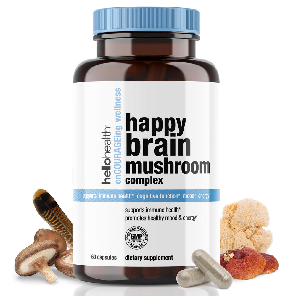 Happy Brain Mushroom Complex product hero image with capsules