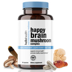 Happy Brain Mushroom Complex product hero image with capsules