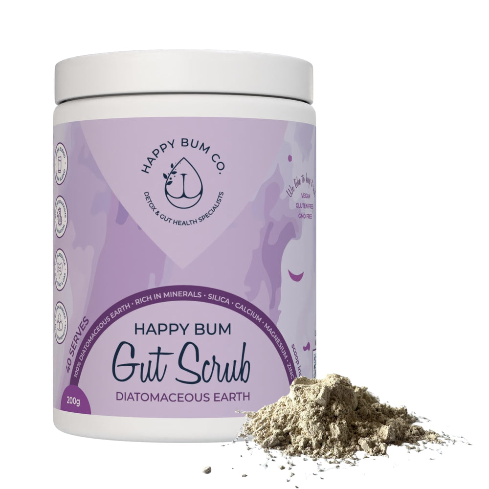 Front view of Happy Bum Gut Scrub bottle with label