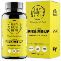 Happy Healthy Hippie natural energy pills bottle promotes clean focus and sustained momentum.