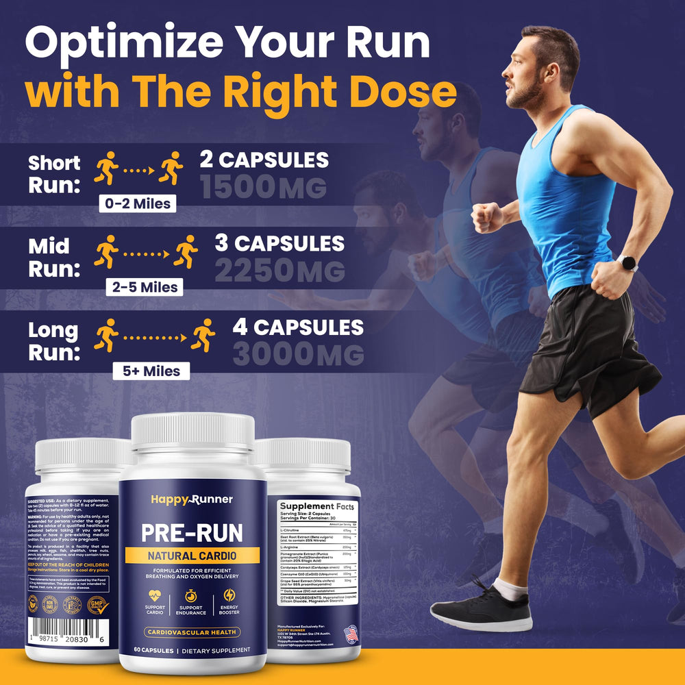 Happy Runner Pre-Run capsules in hand show a quick two-capsule routine