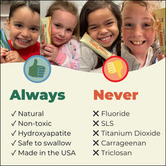 Dentist-formulated, clean-label label for Happy Tooth fluoride-free toothpaste