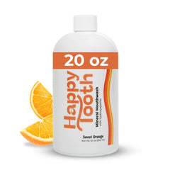 Happy Tooth mouthwash bottle showing hydroxyapatite and fluoride-free formula