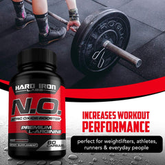 Hard Iron Labs N.O. booster arginine-citrulline blend suggests improved blood flow.