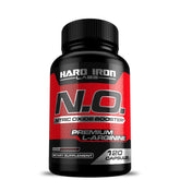 Hard Iron Labs N.O. Nitric Oxide Booster bottle close-up highlighting pre-workout pumps.