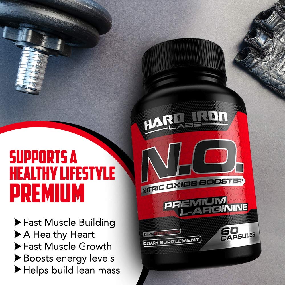 Hard Iron Labs N.O. booster label confirms Non-GMO, gluten-free, vegan formula.