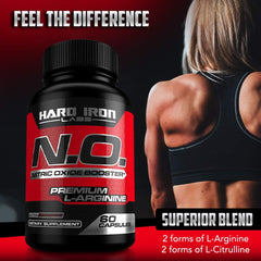 Hard Iron Labs N.O. booster in a gym scene highlighting energy and focus.