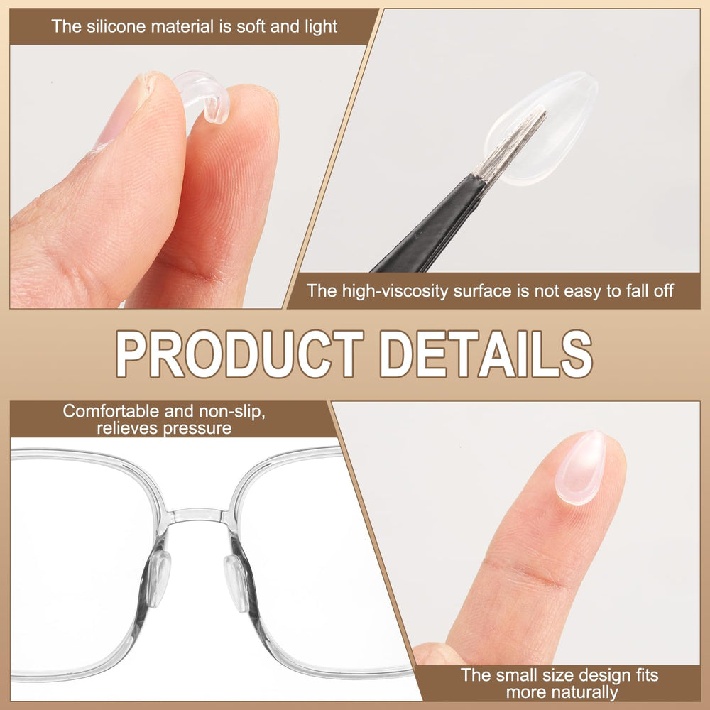 Nose pads attached to a plastic eyeglass frame (top view)