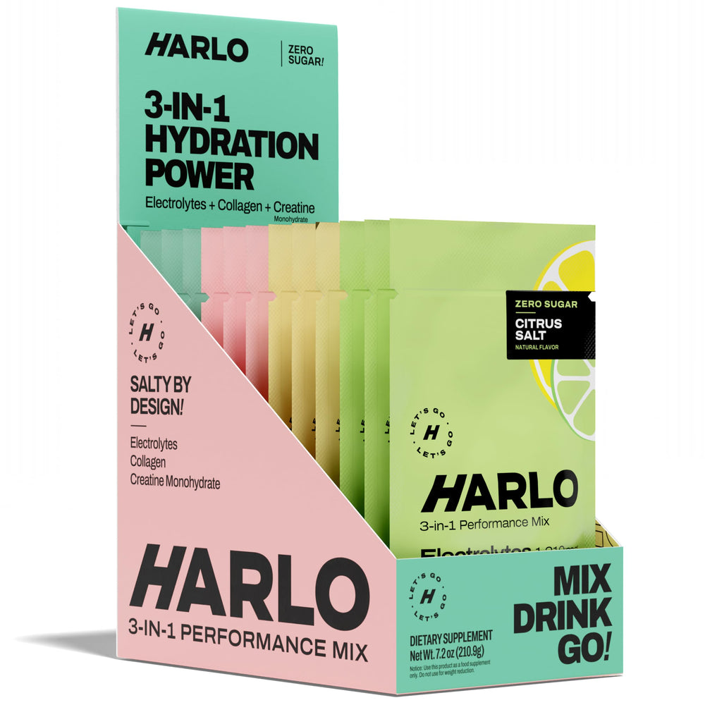 Harlo variety 12-pack electrolyte mix shown for on-the-go hydration and performance support