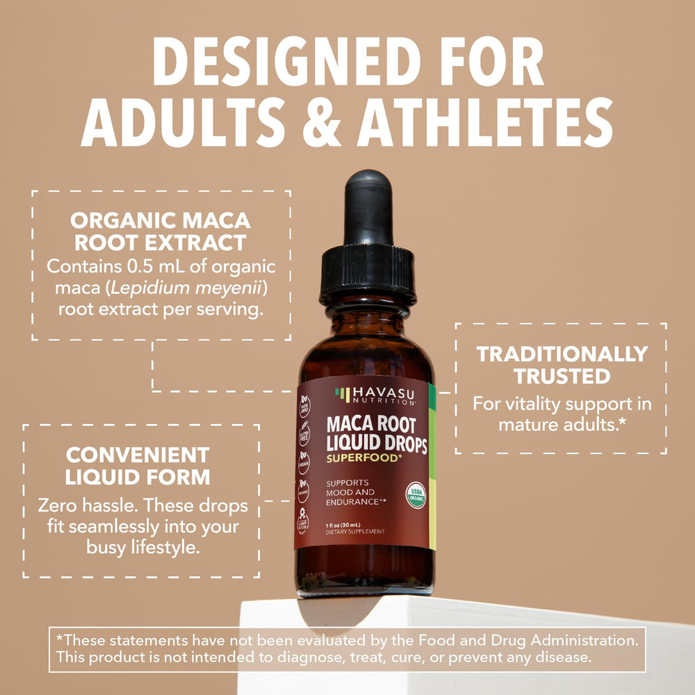 HAVASU NUTRITION Maca Root Liquid Drops sourced from Peruvian high-altitude regions for balanced everyday wellness.