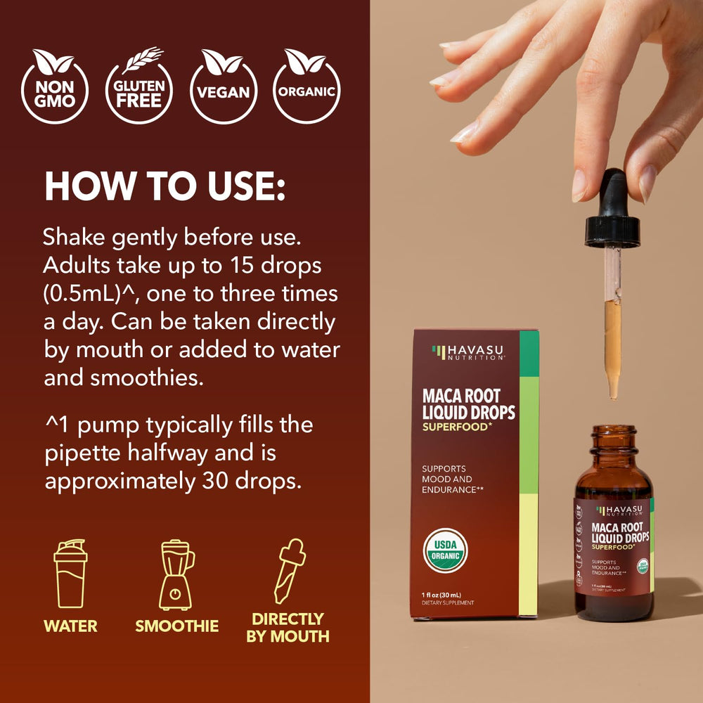 HAVASU NUTRITION Maca Root Liquid Drops serving size emphasis on 60 servings.