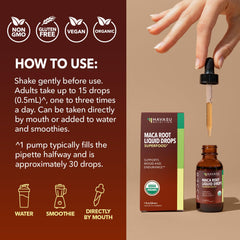 HAVASU NUTRITION Maca Root Liquid Drops serving size emphasis on 60 servings.