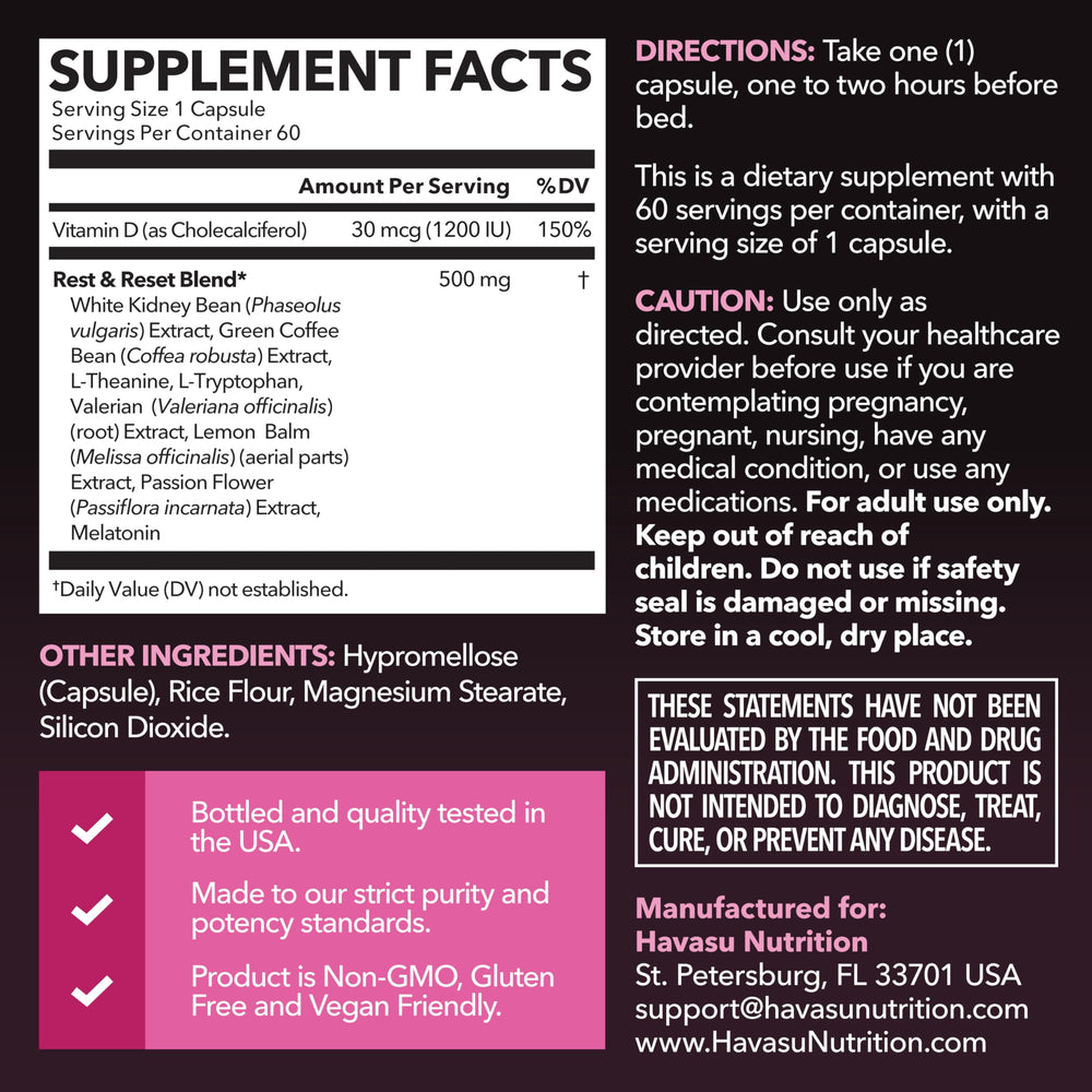 HAVASU Nutrition Night Time Fat Burner capsules closeup shows vegan, non-GMO formula.