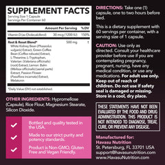 HAVASU Nutrition Night Time Fat Burner capsules closeup shows vegan, non-GMO formula.
