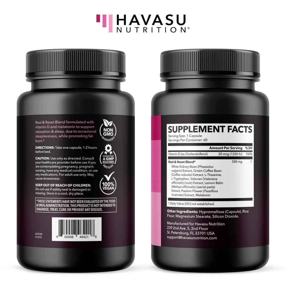 HAVASU Nutrition Night Time Fat Burner vegan packaging promotes wellness-minded choices.