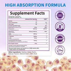 Close-up of GABA gummies with ashwagandha, L-theanine and 5-HTP ingredients