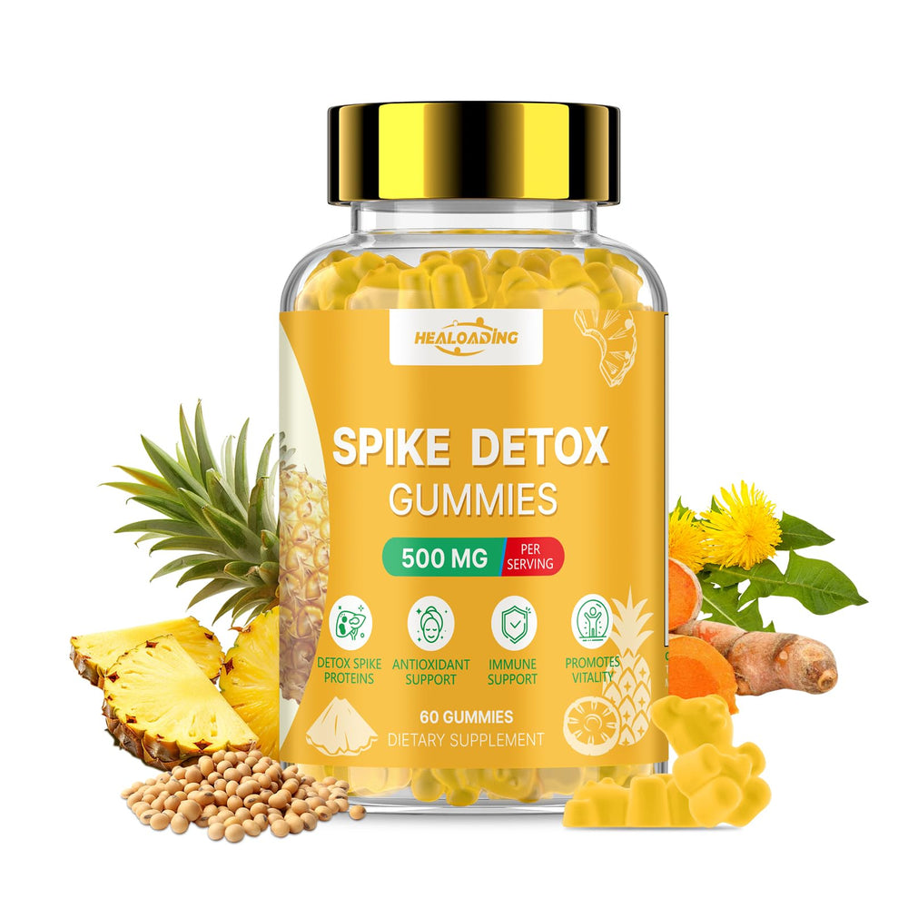 HEALOADING Spike Protein Detox gummies bottle emphasizing pineapple flavor for daily wellness.