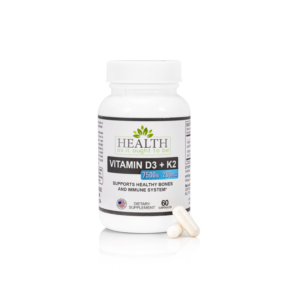 Health As It Ought To Be Vitamin D3+K2 supplement bottle (60 capsules) - hero image