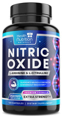 Health Nutrition Naturals Nitric Oxide Booster bottle-front for pre-workout energy