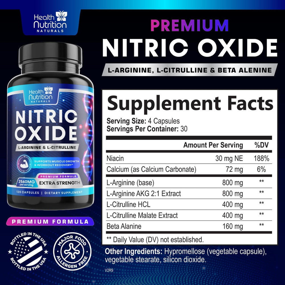 Health Nutrition Naturals Nitric Oxide Booster capsules-closeup shows high-strength formula