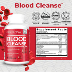 Close-up of Health Plus Blood Cleanse bottle showing 90 capsules