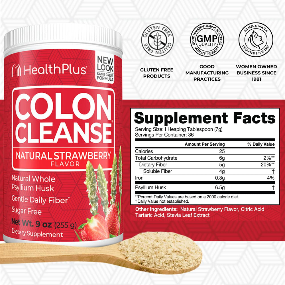Health Plus Colon Cleanse Strawberry flavor back label with nutrition