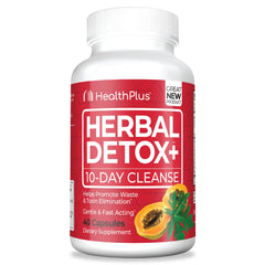 Health Plus Herbal Detox+ bottle-front suggests a gentle 10-day cleanse option.