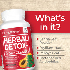 Health Plus Herbal Detox+ senna leaf image shows natural plant-based cleansing ingredients.