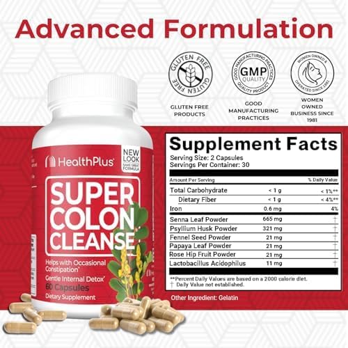 Close-up of Health Plus Super Colon Cleanse bottle showing 60 capsules