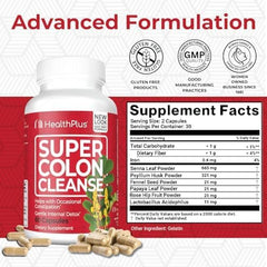 Close-up of Health Plus Super Colon Cleanse bottle showing 60 capsules