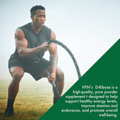 Health Thru Nutrition D-Ribose powder container close-up emphasizes non-GMO and gluten-free attributes.