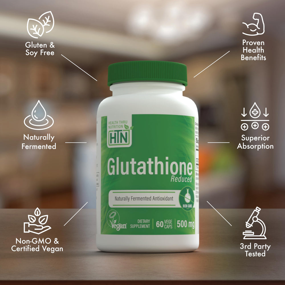 Health Thru Nutrition glutathione reduced 500mg vegecaps skin benefits visual suggesting radiant complexion