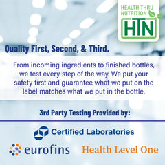 Health Thru Nutrition product label close-up displaying ingredients and third-party testing benefit