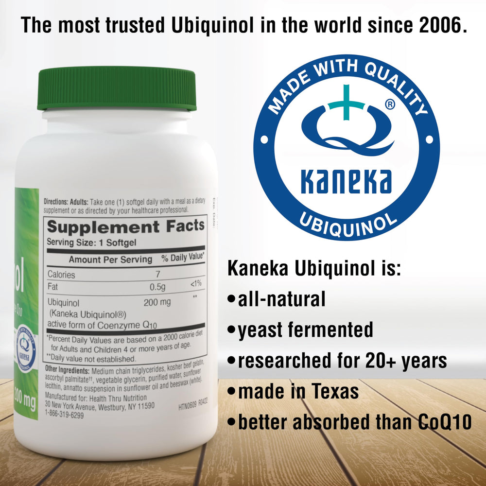 Softgels inside the bottle of Health Thru Nutrition Ubiquinol 200mg