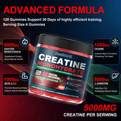 Health4All Creatine Monohydrate Gummies bottle back detailing vegan and gluten-free information