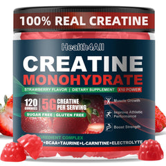 Health4All Creatine Monohydrate Gummies bottle front with strawberry flavor and energy support