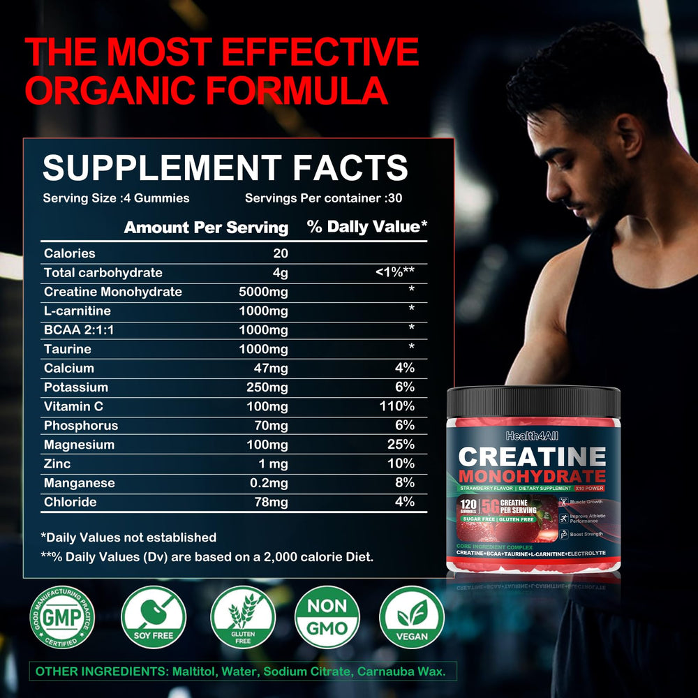 Health4All Creatine Monohydrate Gummies Strawberry bottle on display