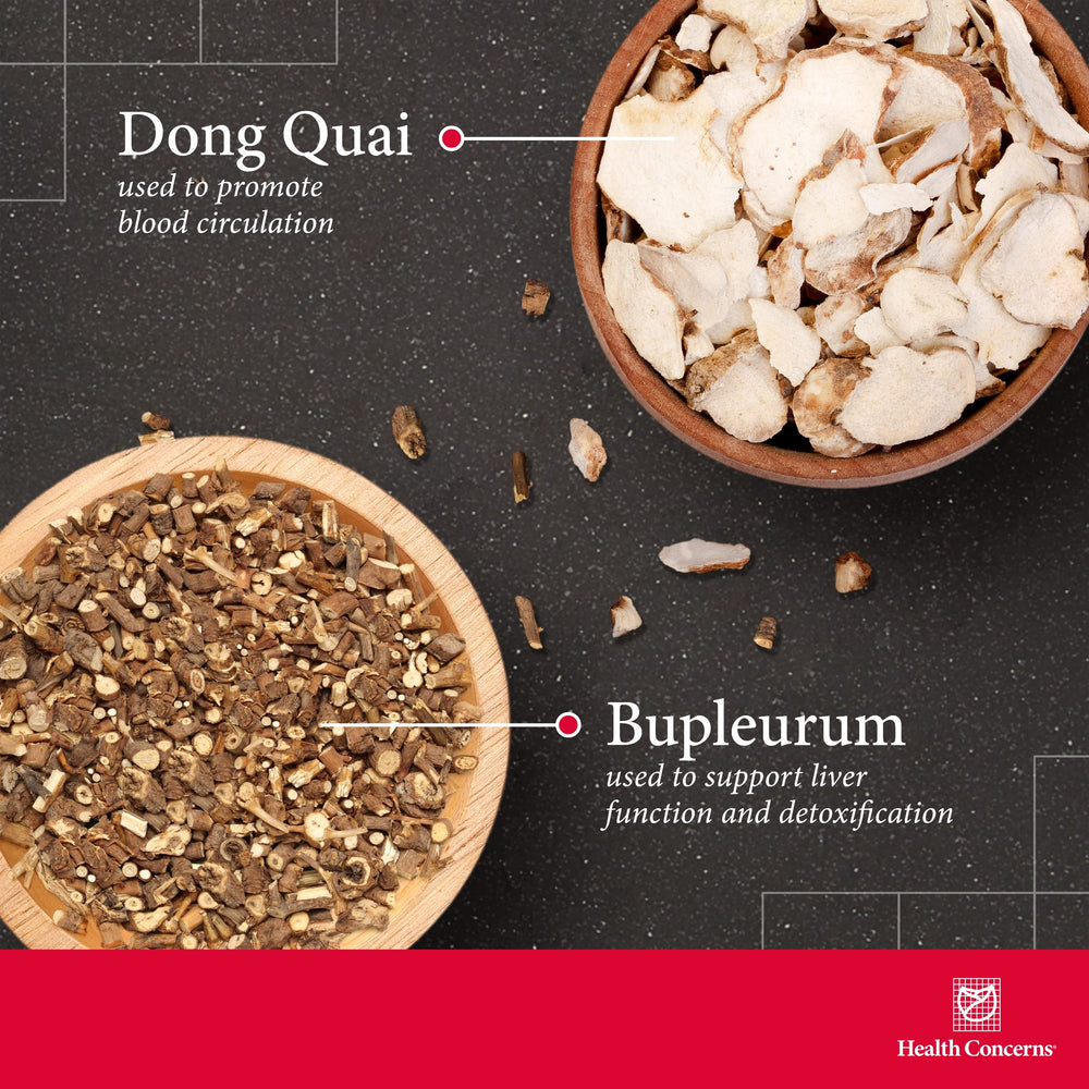 Key ingredients include bupleurum, dong quai, cyperus, and peony